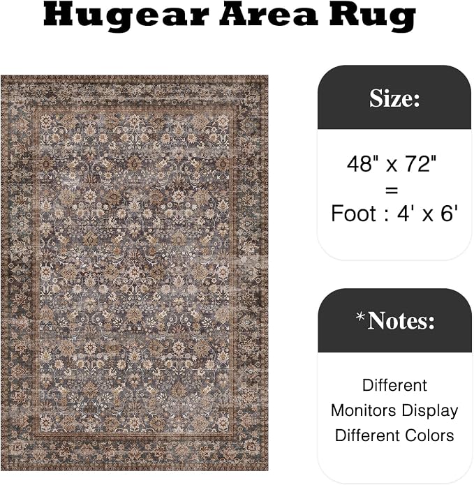 4x6 Brown Blue Vintage Floral Washable Area Rug - Image 2