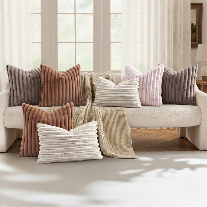 decorUhome Fall Faux Fur Throw Pillow Covers 16x16 Set of 2 Pink White | - Image 5