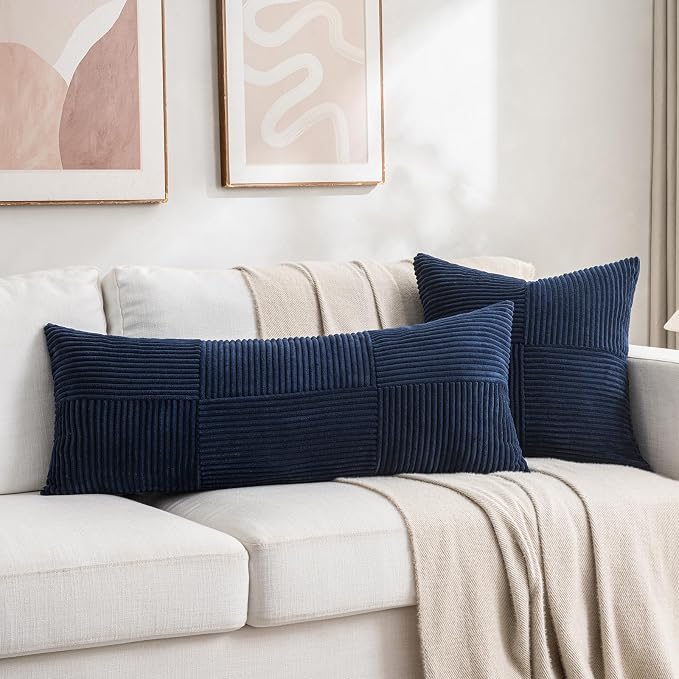 Fancy Homi Set of 2 Navy Blue Boho Long Lumbar Body Decorative Throw Pillow - Image 5
