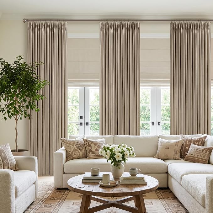 Pinch Pleat 84 Inch Semi Sheer Linen Memory Trained Curtains Camel Tan 50W | - Image 6
