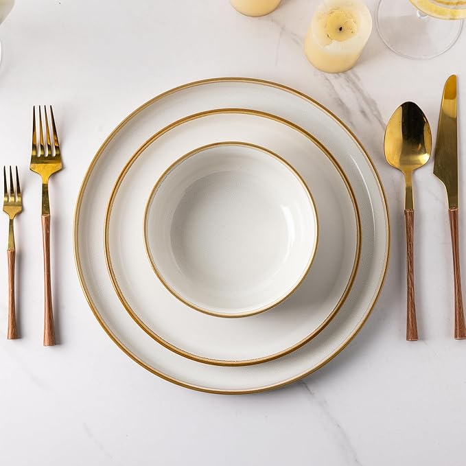 GBHOME Ceramic Dinnerware Sets for 6, 18 Pieces Stoneware Plates and Bowls Sets, Scratch Resistant Dishes, Dishwasher & Microwave Safe, Reactive Glaze-White