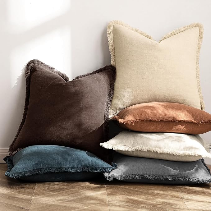 MIULEE Linen Fringe Decorative Fall Throw Pillow Covers Dark Brown 18x18 | Set - Image 6