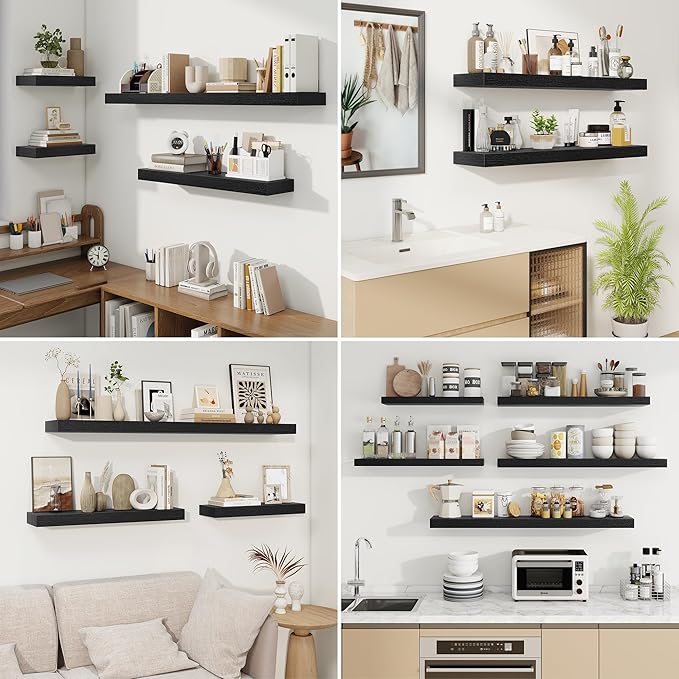 fuqing Floating Shelves for Wall, Bathroom Shelf Wall Mounted for Storage, Shelves with Invisible Bracket for Bedroom, Kitchen, Living Room, Farmhouse Small Book Shelf, 48 Inch Set of 2, Black