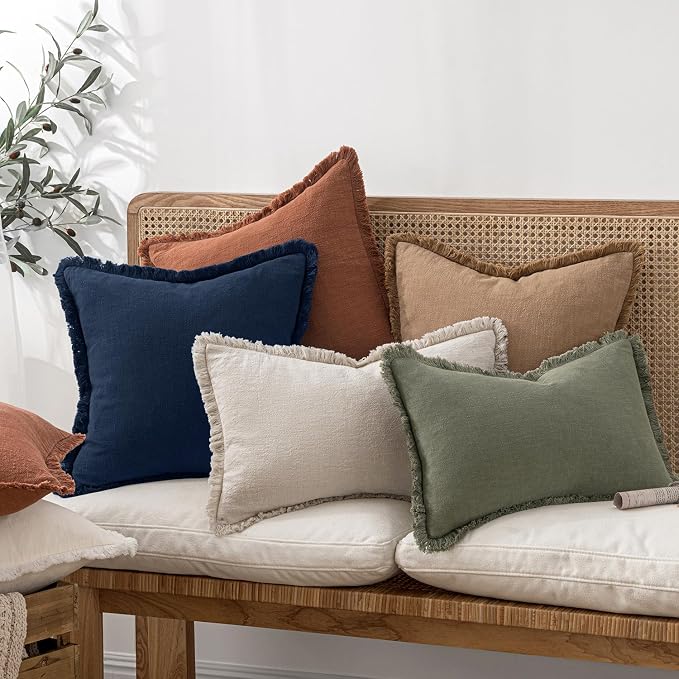 MIULEE Boho Linen Fringe Decorative Throw Pillow Covers Dark Navy 16x16 | Set - Image 6