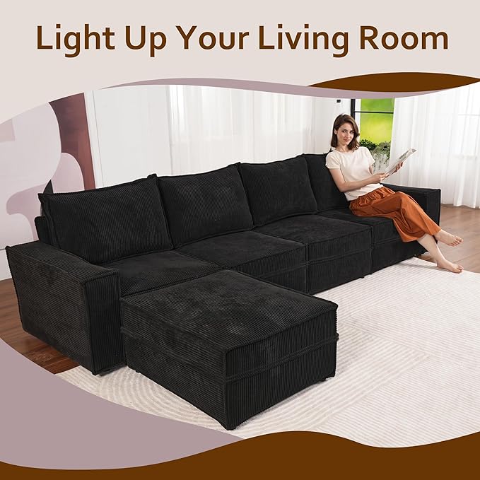 HOOOWOOO Modular Sectional Sofa Couch,Matching Free Combination Cloud Couch Corner Chair(Black Corduroy)