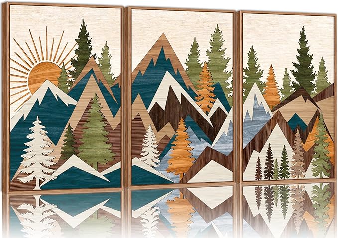 Tinonedraw Large Metal Mountain Framed Canvas Wall Art of 3, Boho Rustic Sunrise Forest Wall Decor, Modern Nature Country Artwork, Vintage Wilderness Art Print for Living Room Bedroom Office 16"x24"