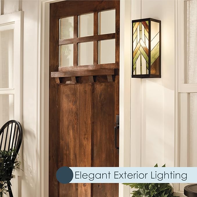 RIVER OF GOODS Art Deco Stained Glass Outdoor Light Fixture - 16.25" H - Decorative Porch Light - Green