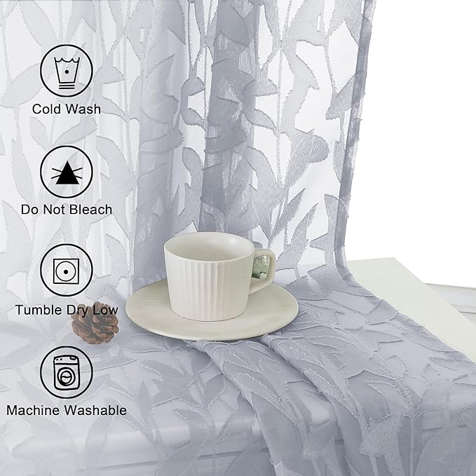 Lecloud Leia Light Grey Semi Sheer Curtains 45 Inch Length 2 Panels, Jacquard - Image 3