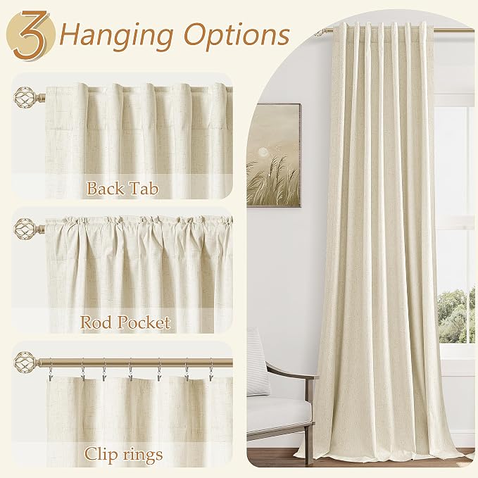 Guken Warm Beige 100% Blackout Linen Curtains 102 Inch Length 2 Panels Set - Image 6