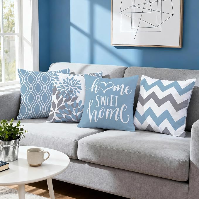 Hexagram Geometric Aqua Blue Pillow Covers 16x16 Set of 4, Decorative Outdoor - Image 7