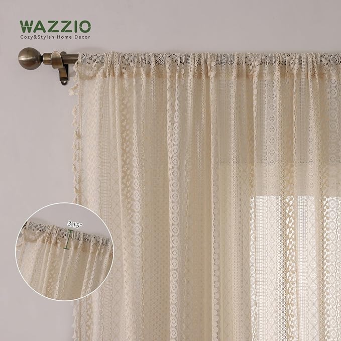 WAZZIO Boho Lace Curtains 54 Inches 2 Panel, Light Filtering Privacy Tassel & - Image 7