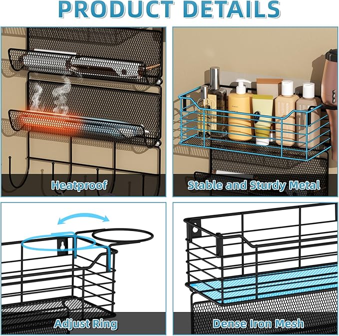 VITVITI Metal Hair Tool Organizer Wall Mount, Hair Dryer Holder with 3 Tier Shelf Basket Hooks, Bathroom Hair Styling Tool Organizer for Curling Iron/Blow Dryer/Straightener, Matte Black