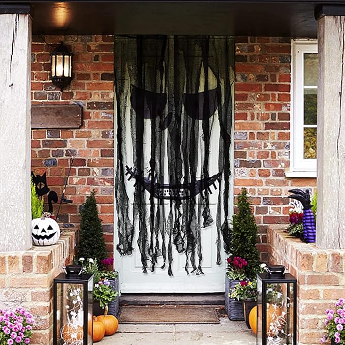 Sfcddtlg 4 Pcs Halloween Black Doorway Curtain- 65 x 39 Inch Creepy Door Curtain Decorations- Scary Spooky Cloth for Halloween Party Haunted House Decoration