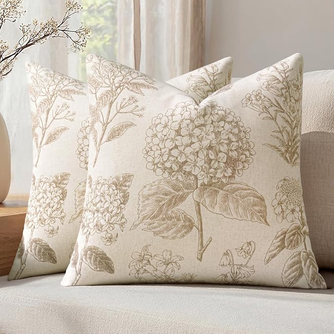 Set of 2 Decorative Floral Pillow Covers 20x20 Inch Tan Beige | Neutral by SWANCOCO