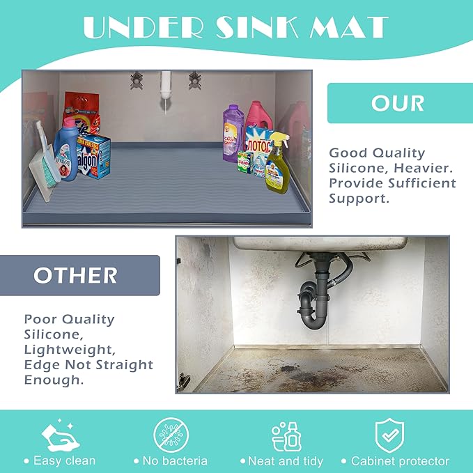 URMONA Waterproof Silicone Under Sink Mat 19'' x 19'' Shelf Liner for Kitchen and Bathroom, Cabinet and Counter Protector, Storage and Organizers, Litter Mat, Pet Cat Puppy Essentials(Black)