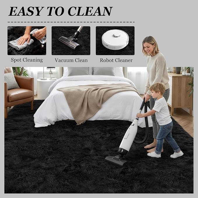 Area Rug Living Room Bedroom: 4x6 Fluffy Plush Shag Carpet Black | - Image 8