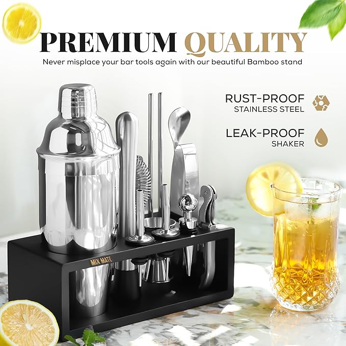 Mixology Bartender Kit with Stand - 15 Piece Bar Tool Set, Silver Bar Set Cocktail Shaker Set for Drink Mixing - Includes Martini Shaker, Jigger, Strainer, Bar Mixer Spoon, Tongs, Opener | Gift Idea