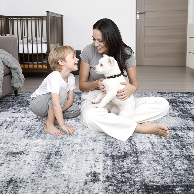 2.6x8 Washable Runner Rug：Modern Abstract Soft Carpet Dark Black | - Image 7