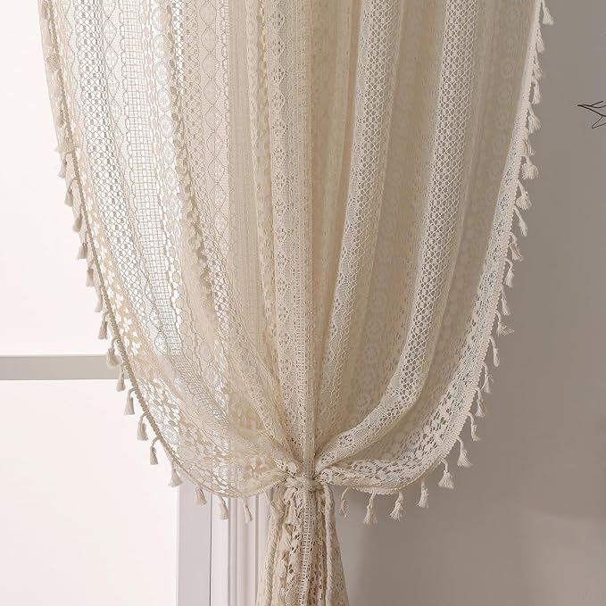 WAZZIO Boho Lace Curtains 108 Inch 2 Panel, Light Filtering Privacy Tassel & by WAZZIO