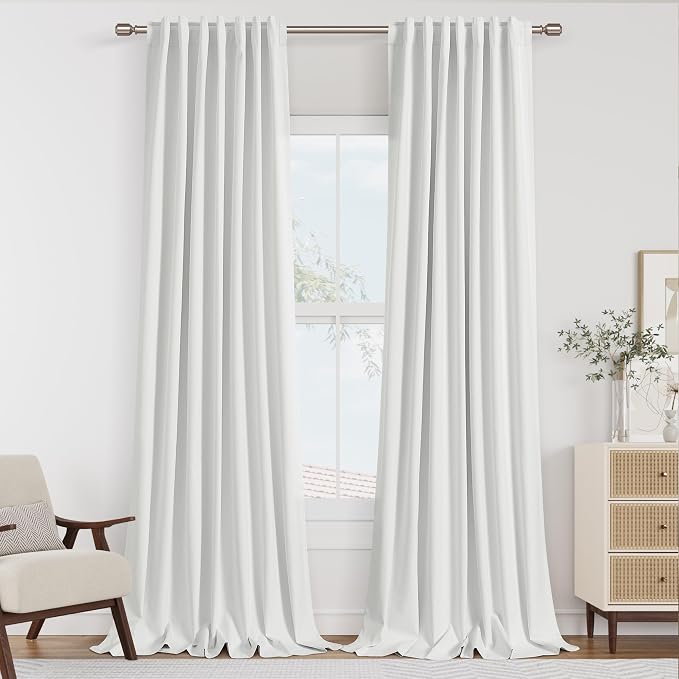 White 100% Blackout Linen Curtains 96 Inch Length 2 Panels Set by Guken
