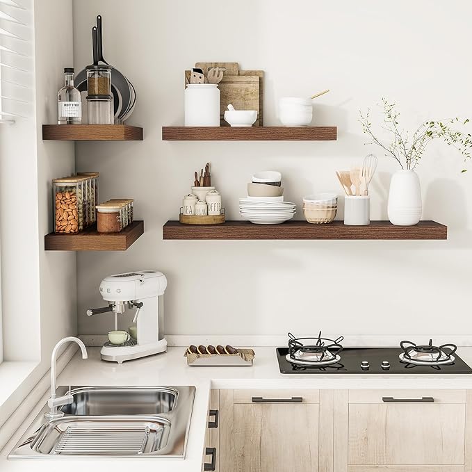 Wide Floating Shelves for Wall 12 Inch Deep, 48" X 12" X 2" Floating Shelf, 2 Inch Thick Shelf for Bathroom Bedroom Kitchen Book Room, Heavy Duty 75lbs Shelves for Farmhouse Decor Set of 2, Walnut