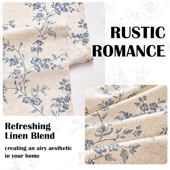 Lazzzy Farmhouse Linen Curtains Blue Floral Curtains 96 Inch Long Back Tab - Image 4