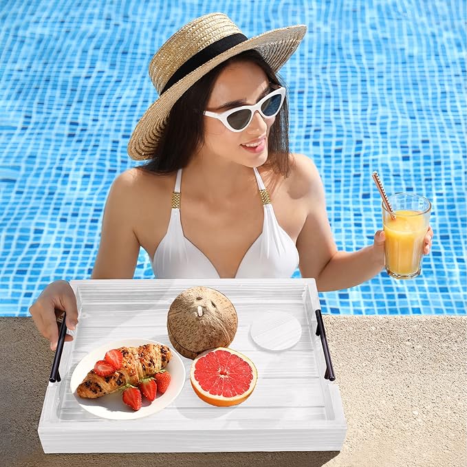 Ottoman Tray | Wooden Serving Tray with Handles & Coasters - 17x13 Inch, Rustic, White, Solid, Rectangular, Vintage, Lightweight