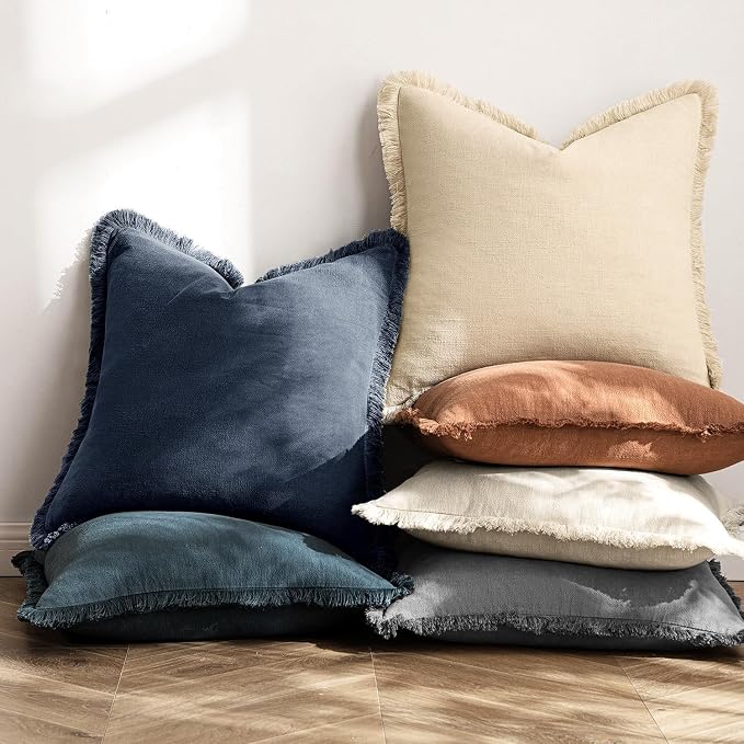 MIULEE Boho Linen Fringe Decorative Throw Pillow Covers Indigo Blue 20x20 | Set - Image 4