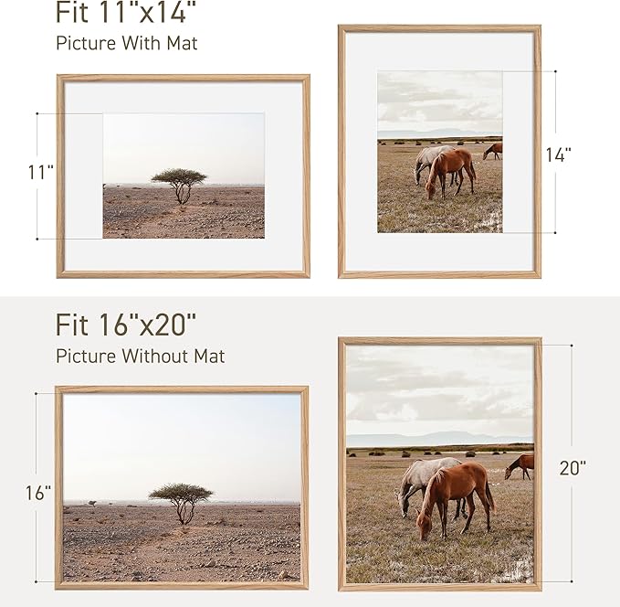 16x20 Picture Frame Natural Solid Oak Photo Frames with 11x14 Removable Mat Wall Hanging Large Handcrafted Frame with HD Plexiglass Wall and Tabletop Display Large Poster Frame