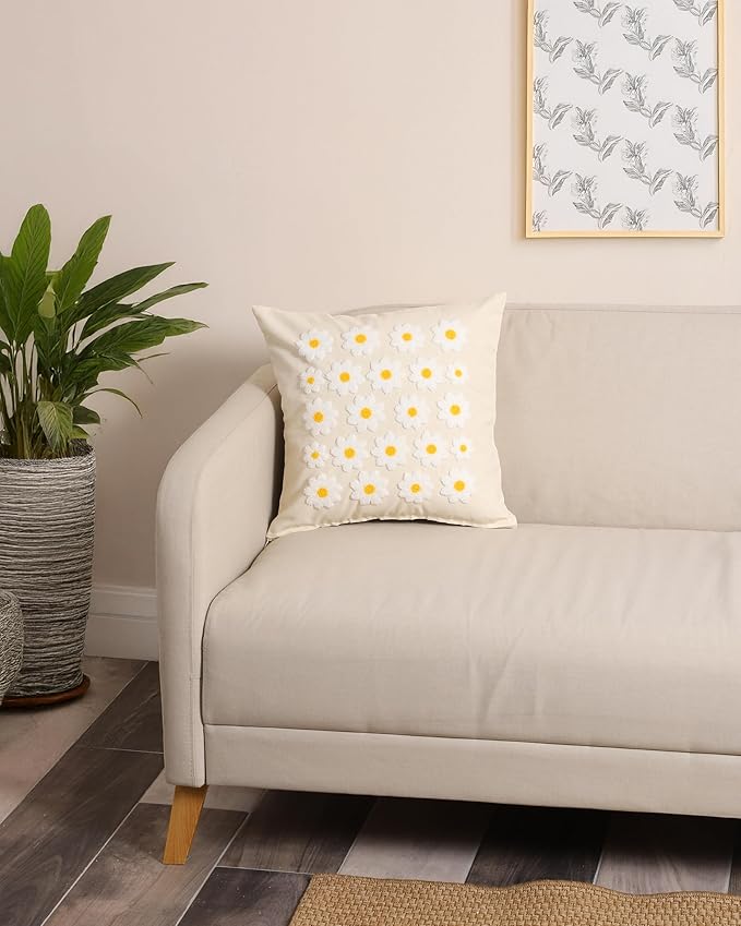 katre home madame & textile Throw Pillow Cover – Handcrafted Daisy Design on Natural Cotton – 18x18 inch – Decorative Punch Needle Cushion Cover – Boho Floral Accent Pillowcase