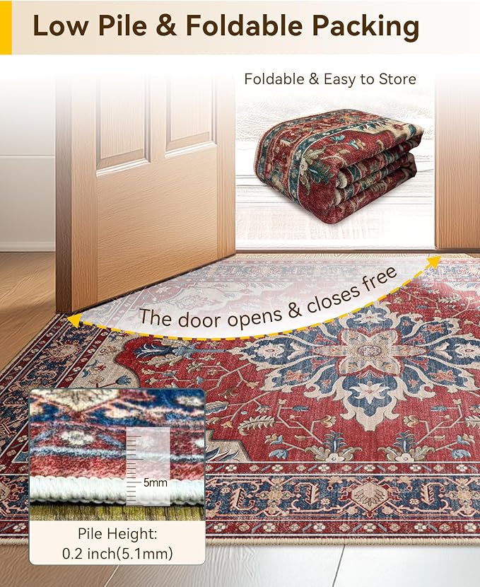 RELEANY Area Rugs Round 8ft Washable Non-Slip, Floral Vintage Distress Print - Image 3