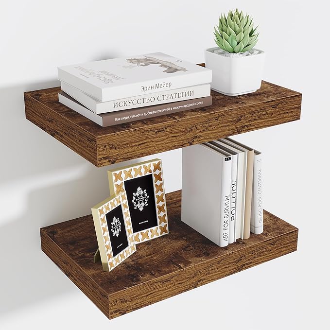 Fun Memories Wood Floating Shelves 16 Inch, 10 Inch Deep Shelves Wall Mount, Wall Shelves with Invisible Bracket, 16" Floating Shelves for Living Room Bathroom Bedroom, Rustic Brown, Set of 2