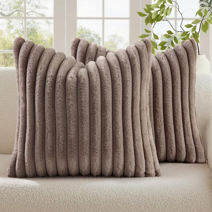 decorUhome Fall Faux Fur Throw Pillow Covers 16x16 Set of 2 Light Coffee | by decorUhome