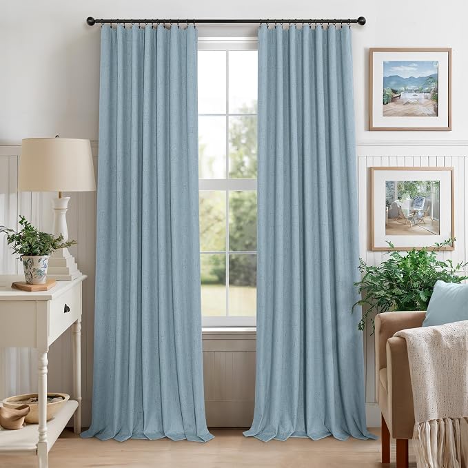 Slate Blue Curtains 108 Inches Long 2 Panel Burg 100% Blackout Boho Linen - Image 7