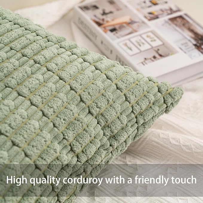 Pack of 2 Corduroy Decorative Throw Pillow Covers 20x20 Inch, Sage Green | Fall - Image 3