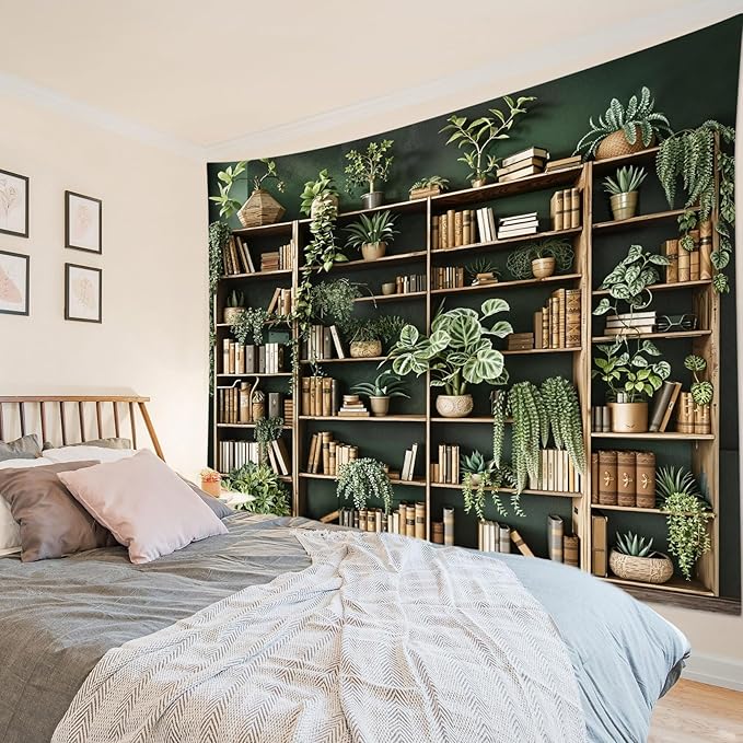 HVEST Green Plant Bookshelf Tapestry Book on Bookshelf and Plant Potted Tapestry Wall Hanging Reading Wall Tapestries for Study Room Bedroom Living Room College Dorm Decor, 51L x 59W Inches
