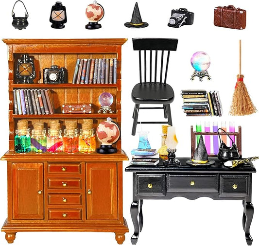 Rileryan 54 Pcs 1:12 Scale Magic Witchy House Kit Miniature Furnitures Accessories Mini Wooden Bookshelf Bookcase 30 Mini Books Desk Chair Halloween Decoration