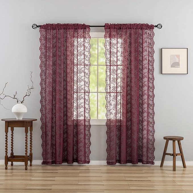 YJ YANJUN Vintage Lace Curtains 84 Inches Long- Elegant Floral Maroon Sheer - Image 6