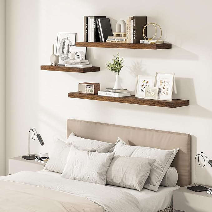 12" Deep Floating Shelves for Wall 24 Inches Long, Heavy Duty Wall Shelves for Bedroom Bathroom Kitchen Laundry Room, Farmhouse Rustic Shelves for Home Decor, 24" X 12" X 2" Set Of 2, Rustic Brown