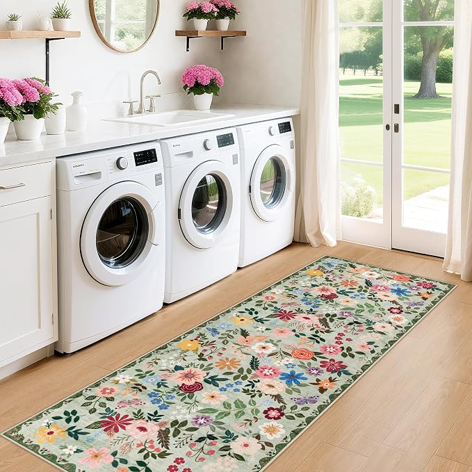 PLHXFR 2x5 Washable Runner Rug：Floral Indoor Kitchen Soft Carpet Green | - Image 4