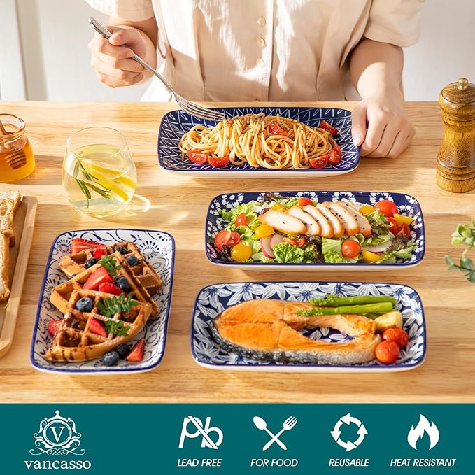 vancasso Selene 9.5 Inch Rectangular Dinner Plates Set of 6, Ceramic Salad Plates for Dessert, Appetizer, Porcelain Serving Platters for Entertaining, Microwave & Oven Safe, Vintage Blue & White Color