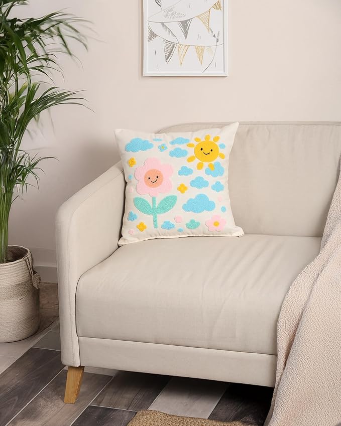 katre home madame & textile Throw Pillow Cover – Sun & Cloud Punch Needle Cushion 18x18 inch – Handmade Embroidered Boho Cotton Pillow for Couch, Bed or Nursery Room Decor