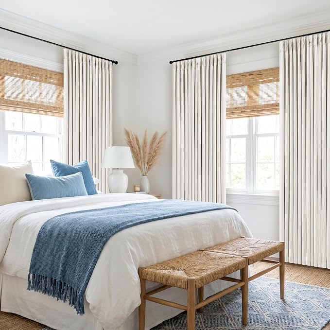 Pinch Pleated Blackout 108 Inch Bedroom Linen Curtains 2 Panels Ivory White | - Image 9