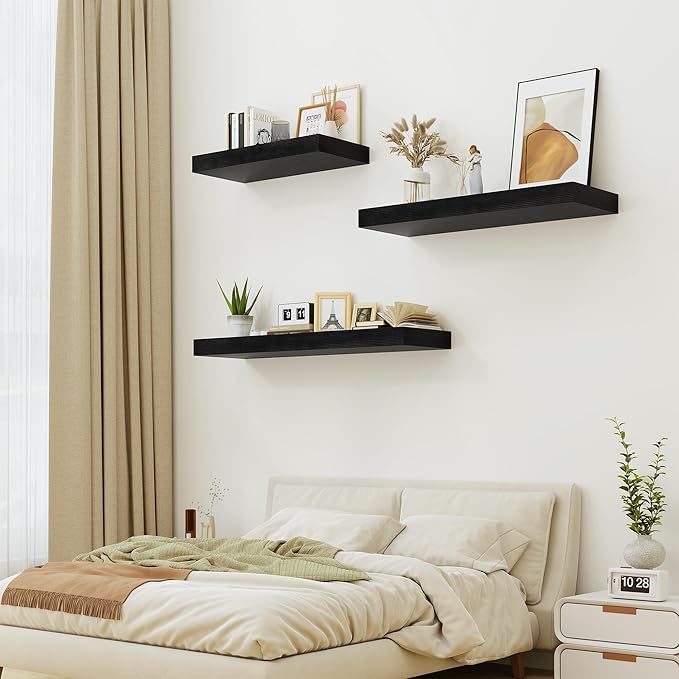 Heimlove Black Bathroom 12'' Deep Floating Shelves for Wall - Shelf Over Toilet Wall Mounted Farmhouse 24 inches,Rustic Wood Shelves Decor & Storage,Set of 1