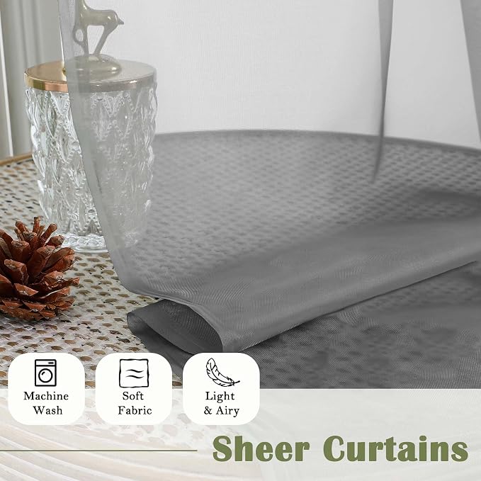 Charcoal Grey Sheer Curtains 108 Inches Long 2 Pcs, Airy Light Filtering - Image 8