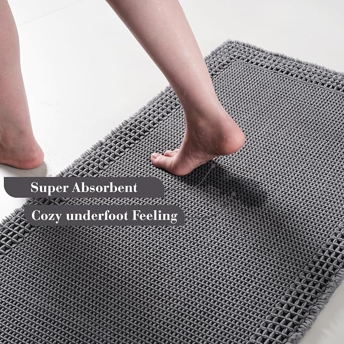 RESARE Waffle Bathroom Runner Rugs, Non Slip Boho Bath Mat 24x72 Dark Grey | - Image 3