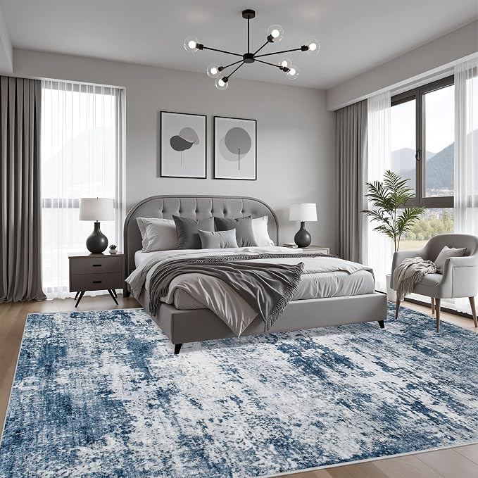 5x8 Area Rug Living Room: Modern Washable Indoor Soft Carpet Blue | - Image 2