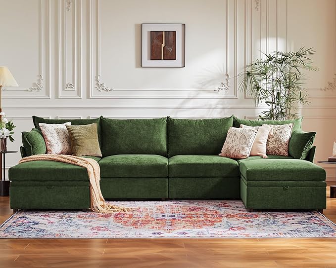 134.6" Luxury Modular Sectional Convertible Sofa with Storage Ottoman, L-Shape 5-Seat Oversized Comfy Couch Deep Seat with Reversible Chaise - Chenille Green