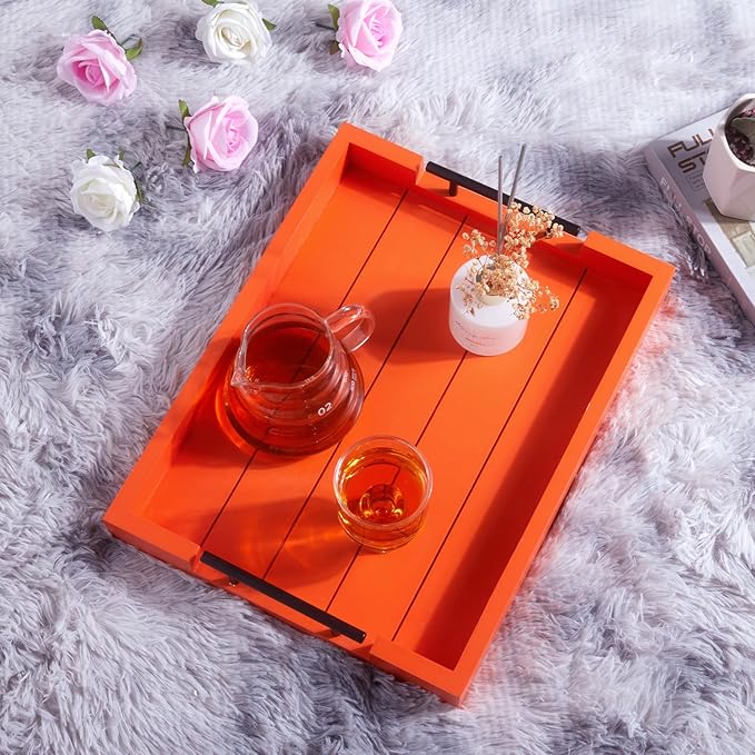 Ottoman With Handle for Living Room - Set of 4 Natural Wooden Coasters - Rustic Serving Tray for Coffee Table - Kitchen Decorative Tray With Handles (Orange)