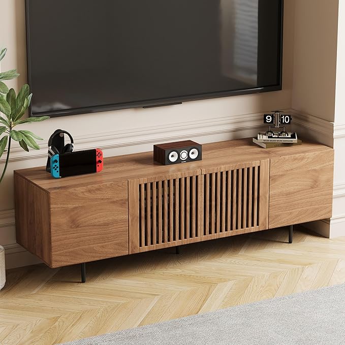 Mid Century Modern TV Stand for 70 Inch TVs, 70.87" Walnut Console with Ample Storage – Stylish Entertainment Center for Living Room or Bedroom